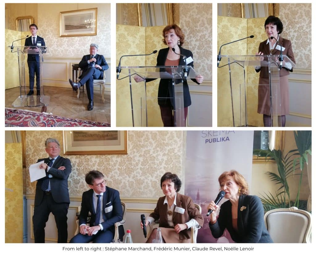 Speakers of the conference. Bottom picture : from left to right Stéphane Marchand, Frédéric Munier, Claude Revel et Noëlle Lenoir.